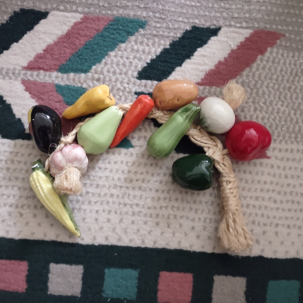 Ceramic Vegetables on a Rope + Blue Agave Candle Holder